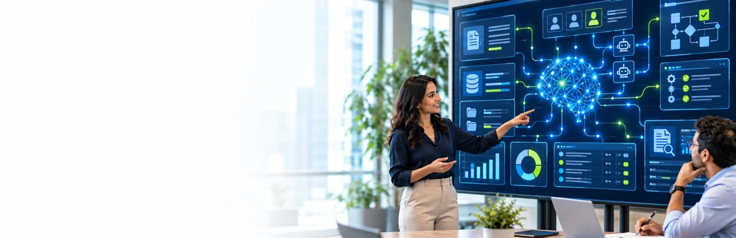 An enterprise team reviewing AI systems on a shared display