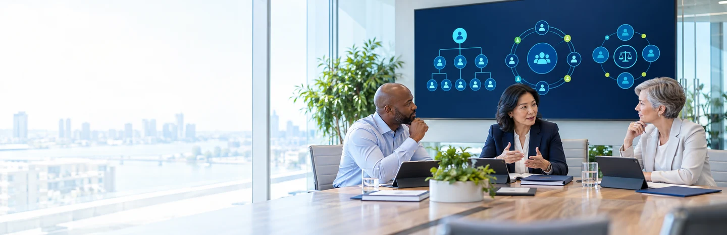 Board directors in a governance session around a boardroom table