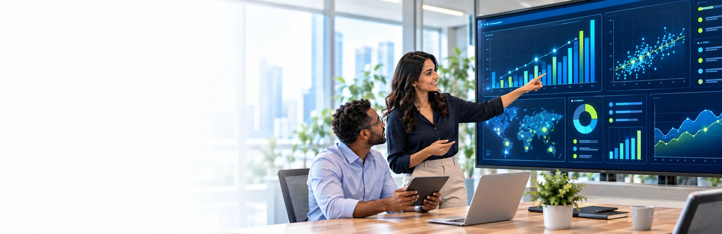 Analysts reviewing dashboards and data visualizations in a team session