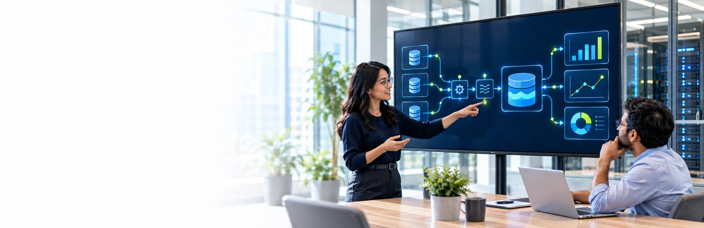 Data engineers reviewing a pipeline dashboard in a team session