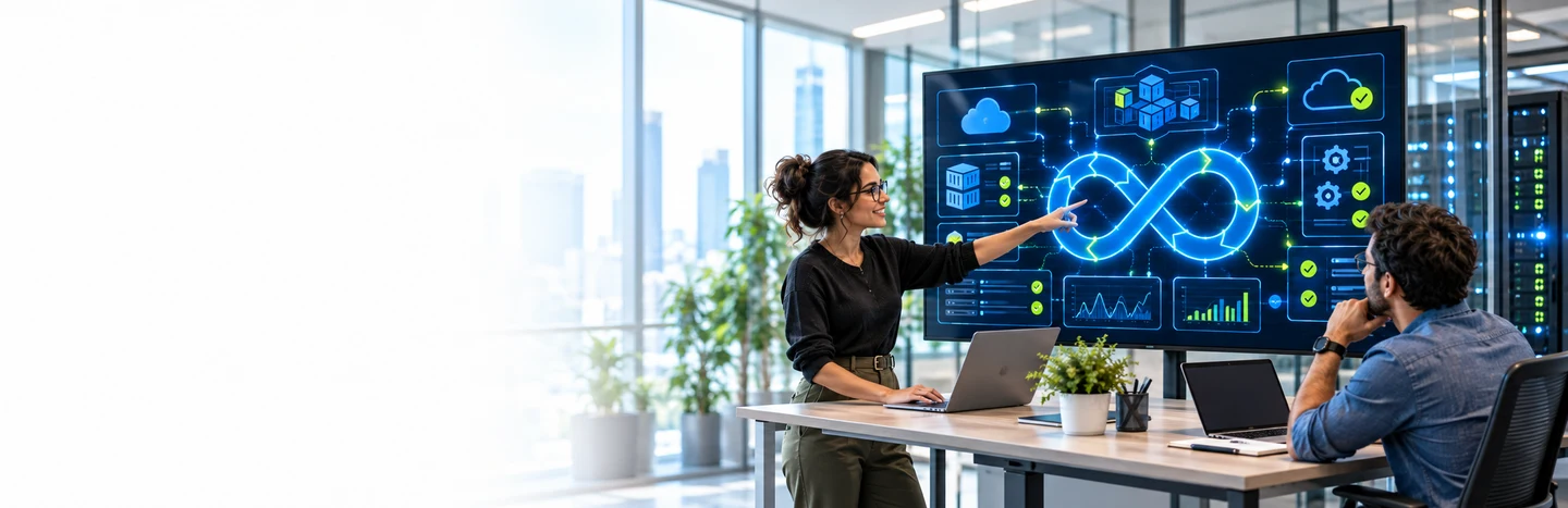 DevOps engineers reviewing a CI/CD pipeline dashboard in a team session
