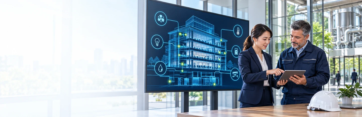 Facilities professionals reviewing smart building systems