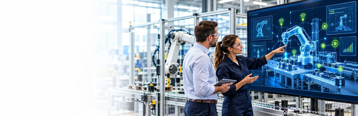 Engineers reviewing a digital twin dashboard on a smart factory floor