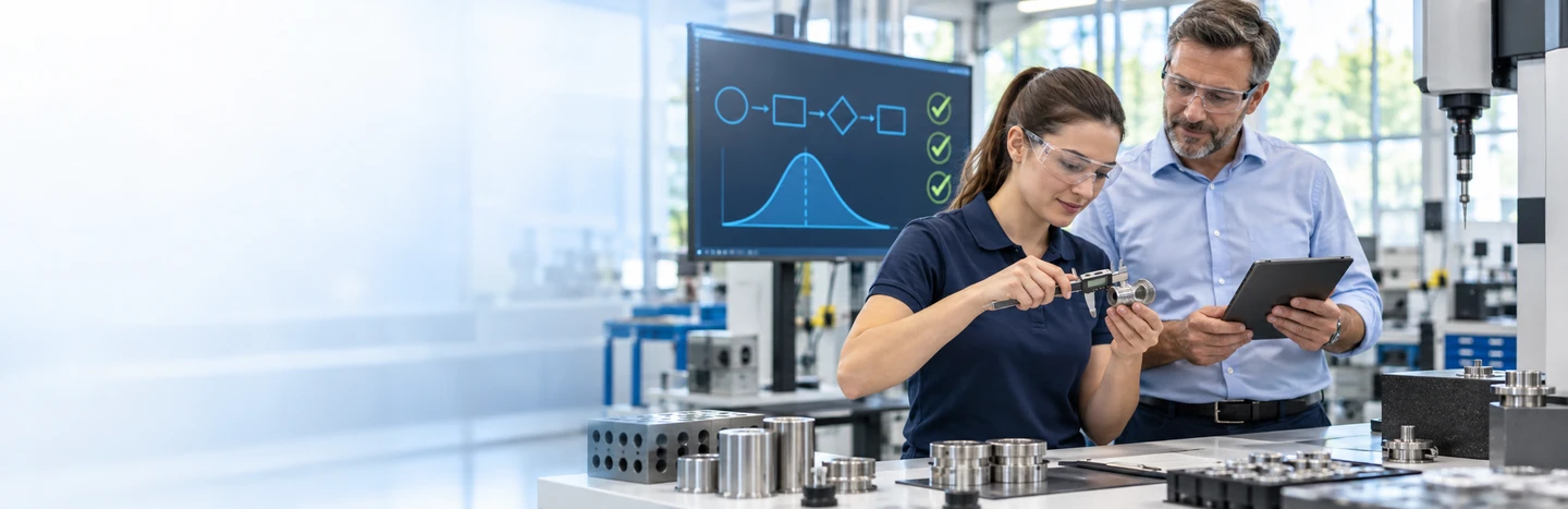 Quality manager reviewing statistical process control charts with engineers on a factory floor