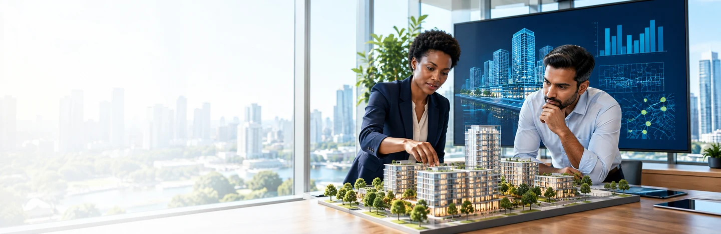 Real estate professionals reviewing property portfolio plans
