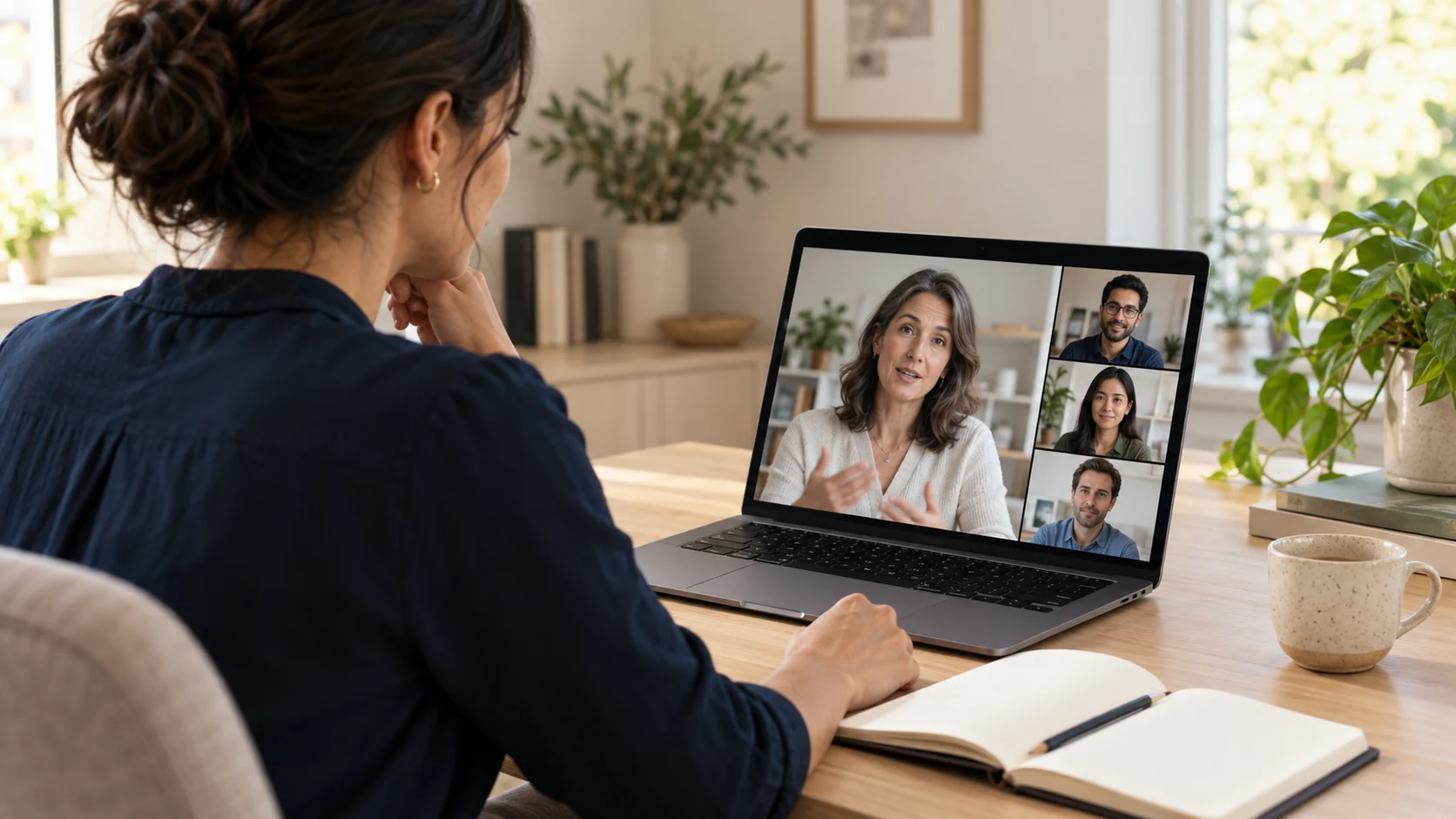 Illustration of a learner joining a live instructor-led video session with a notebook beside her laptop.