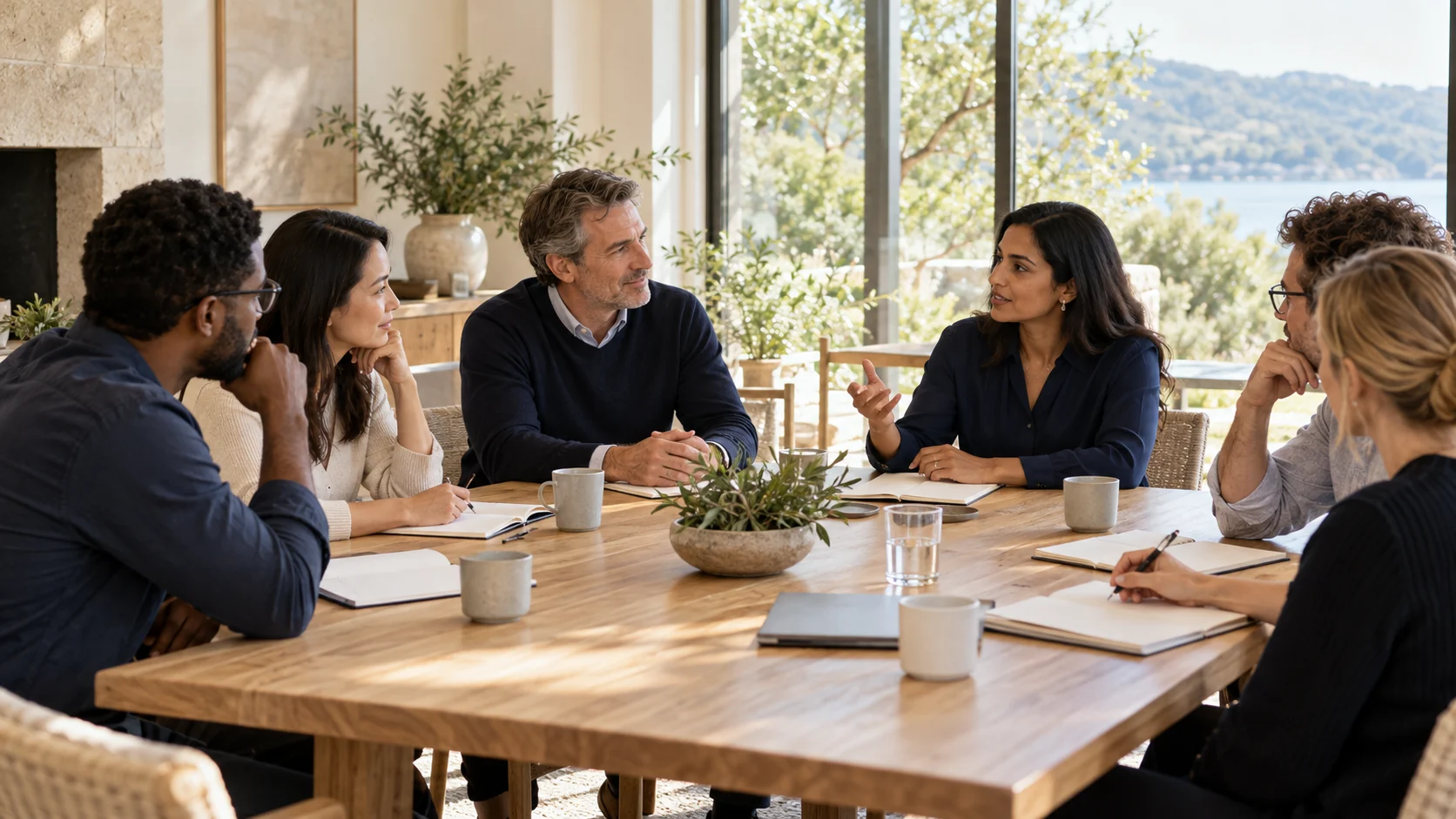 Illustration of colleagues discussing leadership ideas at an offsite meeting room overlooking trees and water.